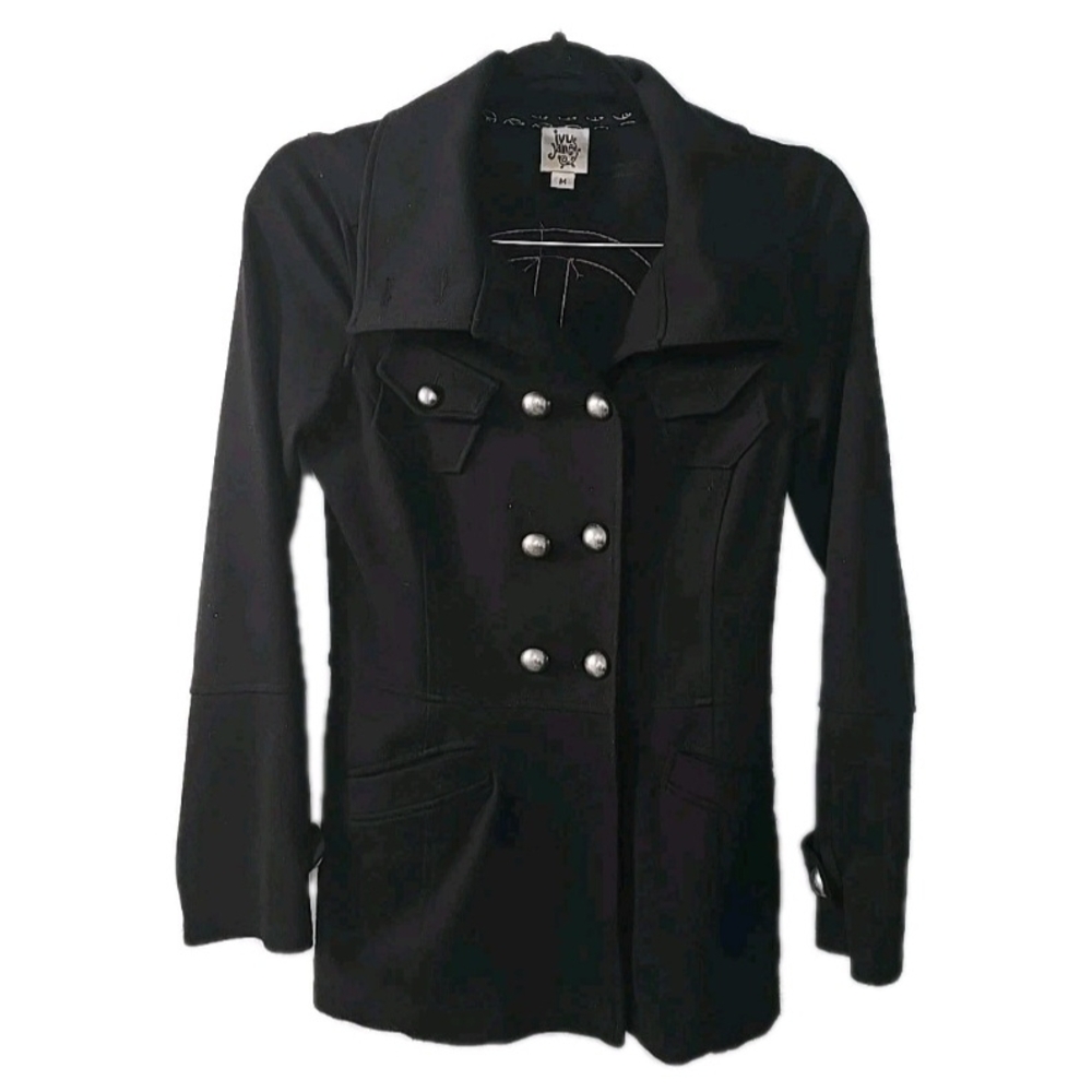 Ivy Jane Black Double Breasted Peace Roses Womens Pea Coat Jacket Size Medium